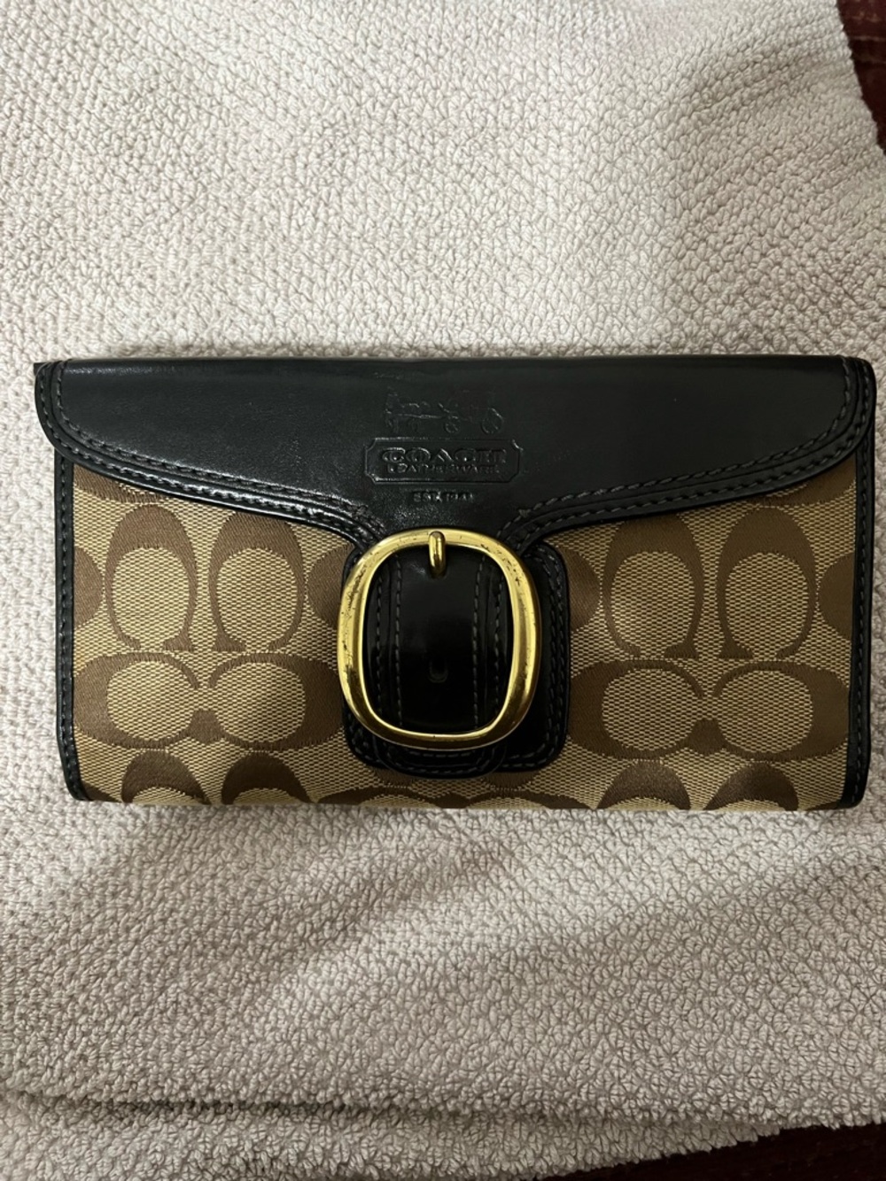 Coach Brown Signature Canvas Wallet with Black Trim and Gold Buckle - Picture 9 of 15
